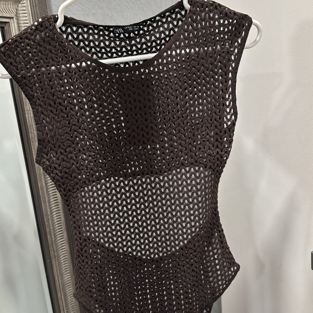 Brown Mesh Bodysuit and Skirt Set